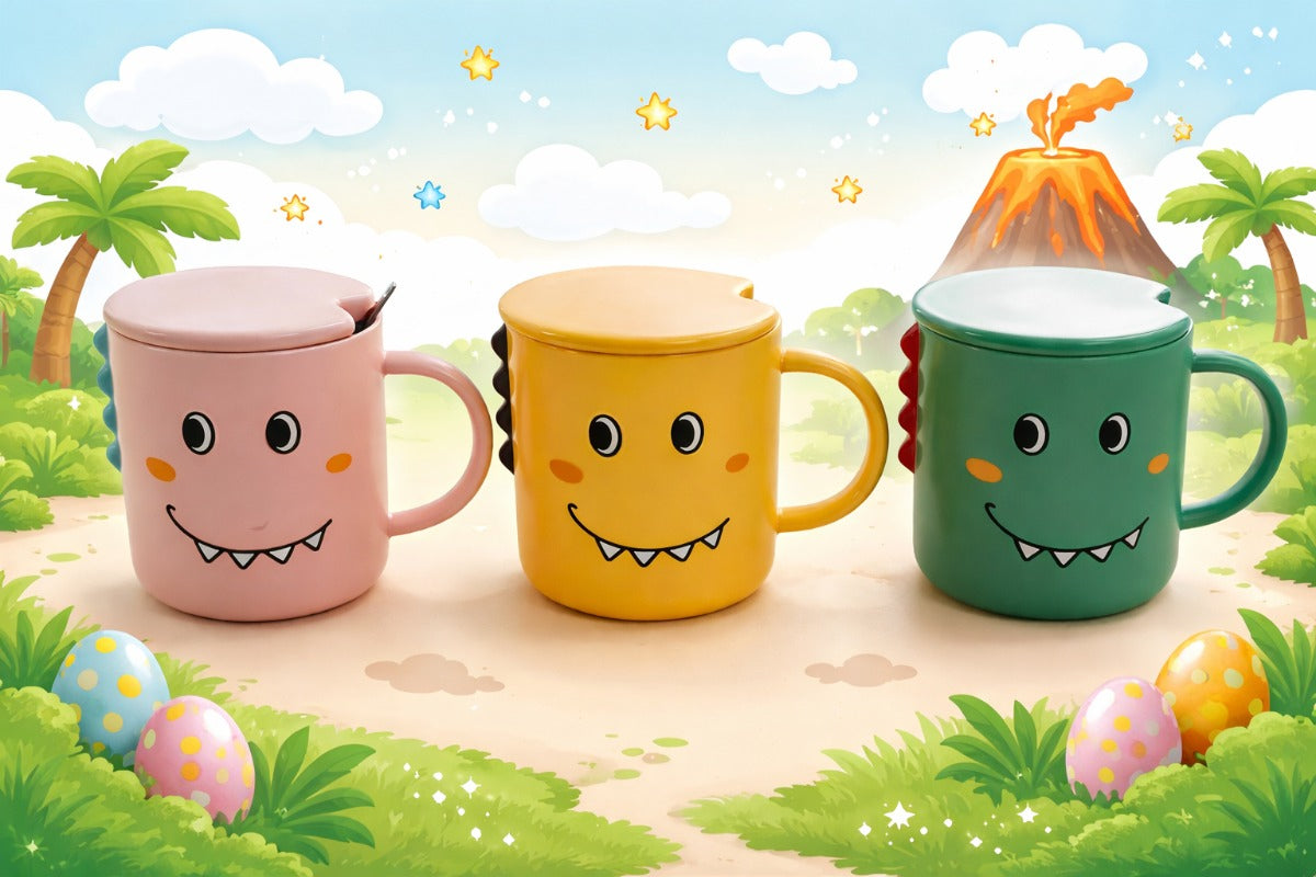 Taza Kawaii Dinosaurio Colores Rosa Verde Y Amarillo 350 Ml