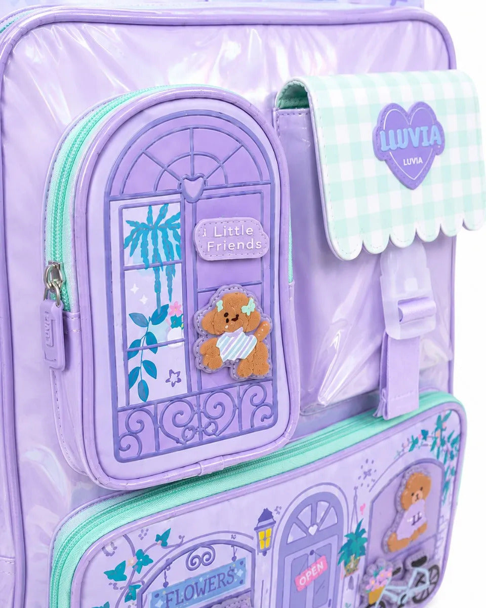 Mochila Lluvia Lila Con Velcro Y Personajes Desmontables