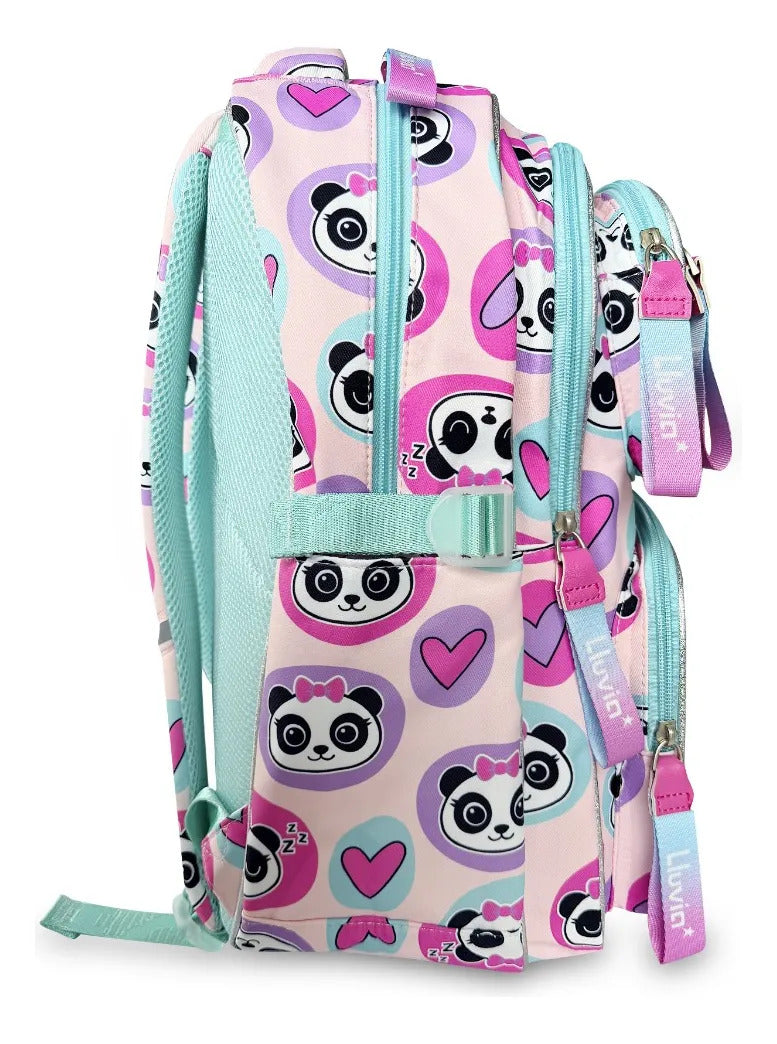 Mochila Escolar Juvenil Lluvia Negro Panda con Lentes Corazón