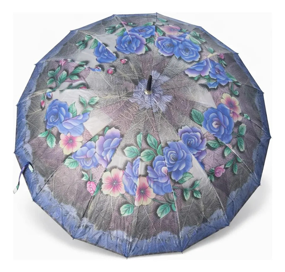 Paraguas Tipo Bastón Estampado Floral Resistente 16 Varillas