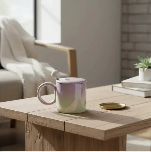 Taza Tornasol De Cerámica Con Tapa Y Cuchara Metalica 380 Ml