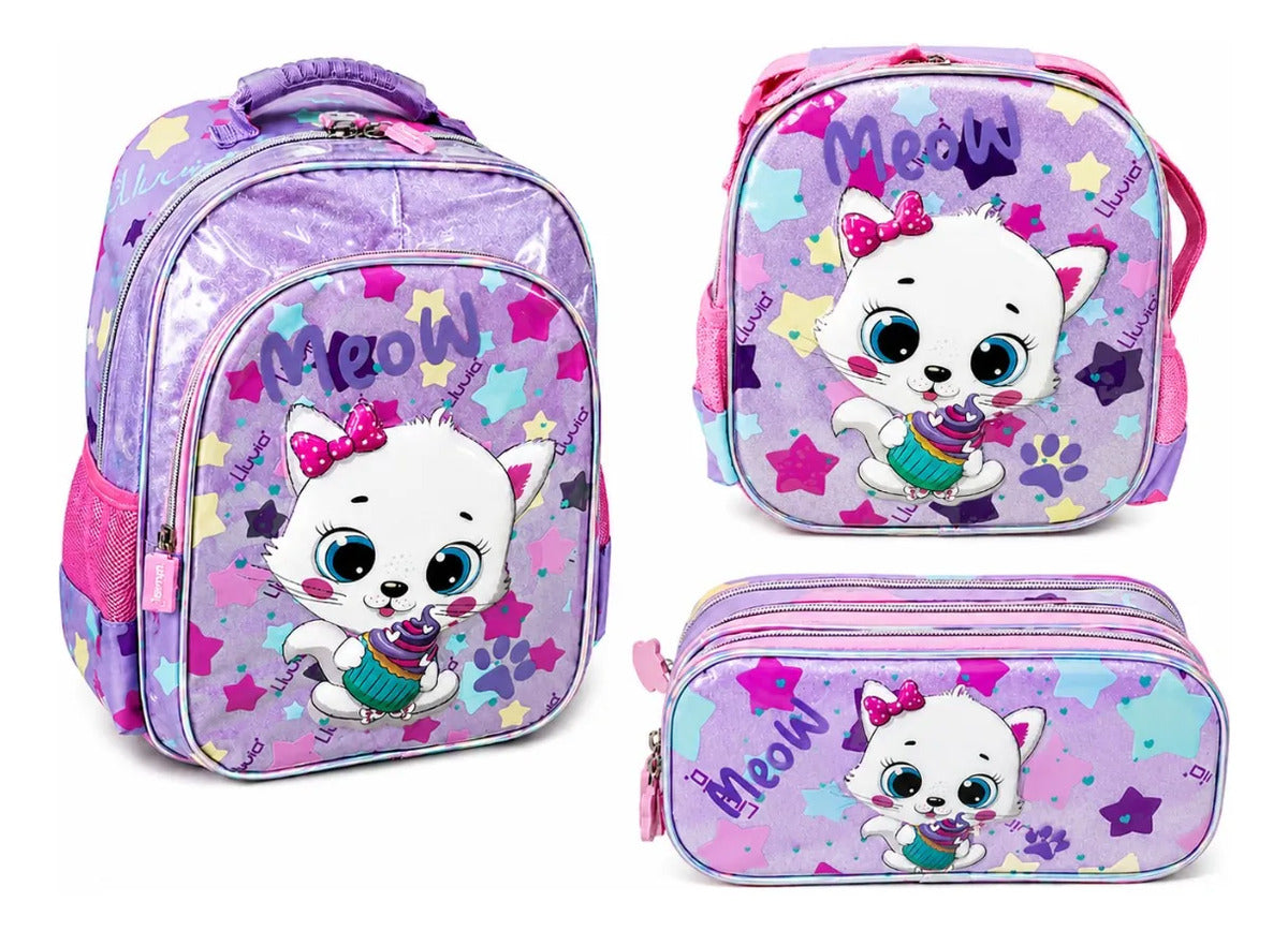 Set Tres Piezas Lluvia Gatita Meow Lila Rosa Con Luz Led