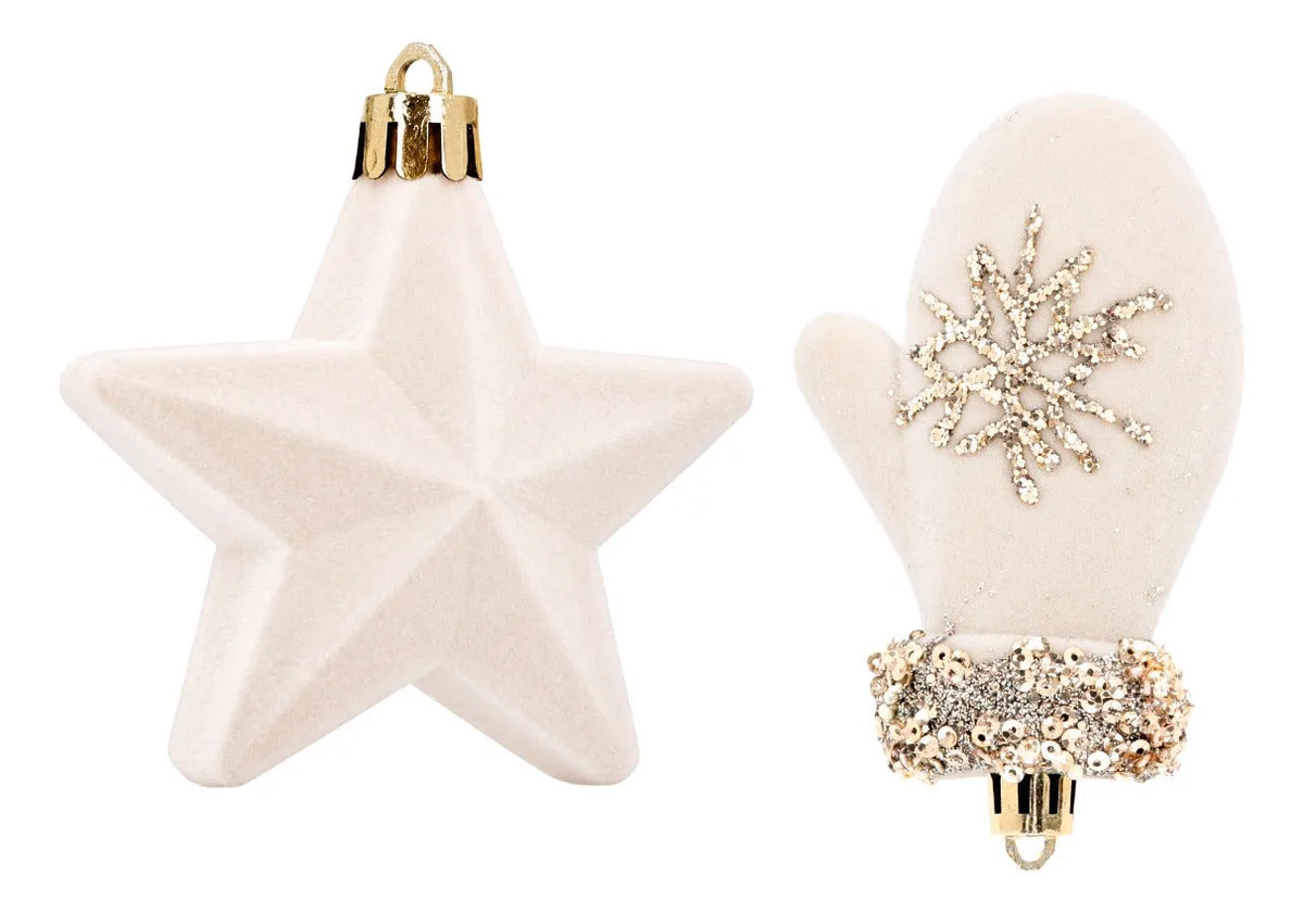 Esferas Navideñas lluvia Blanco Perla Glitter Dorado 8 Cm