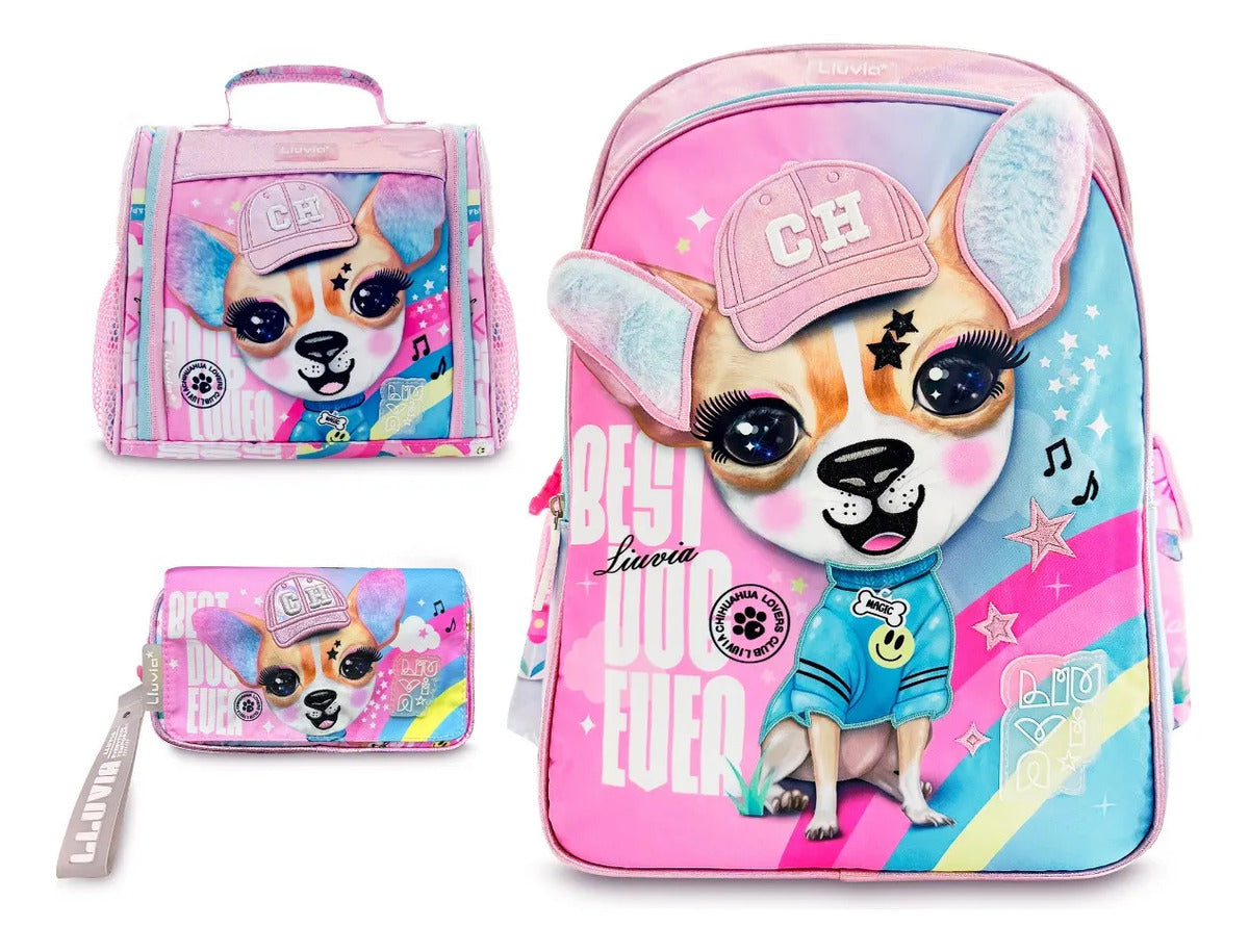 Set Mochila Lluvia Rosa Perrito Chihuahua Tres Piezas
