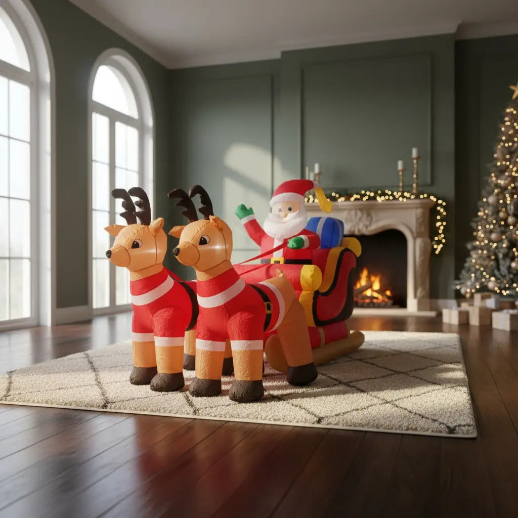 Inflable Decorativo De Navidad Santa Con Renos Marca Lluvia
