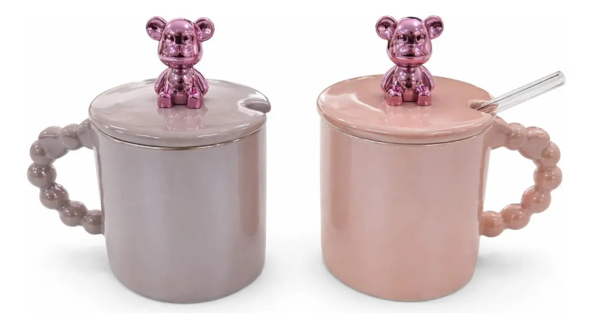 Taza Porcelana Con Oso Metalico Y Tapa 420 Ml