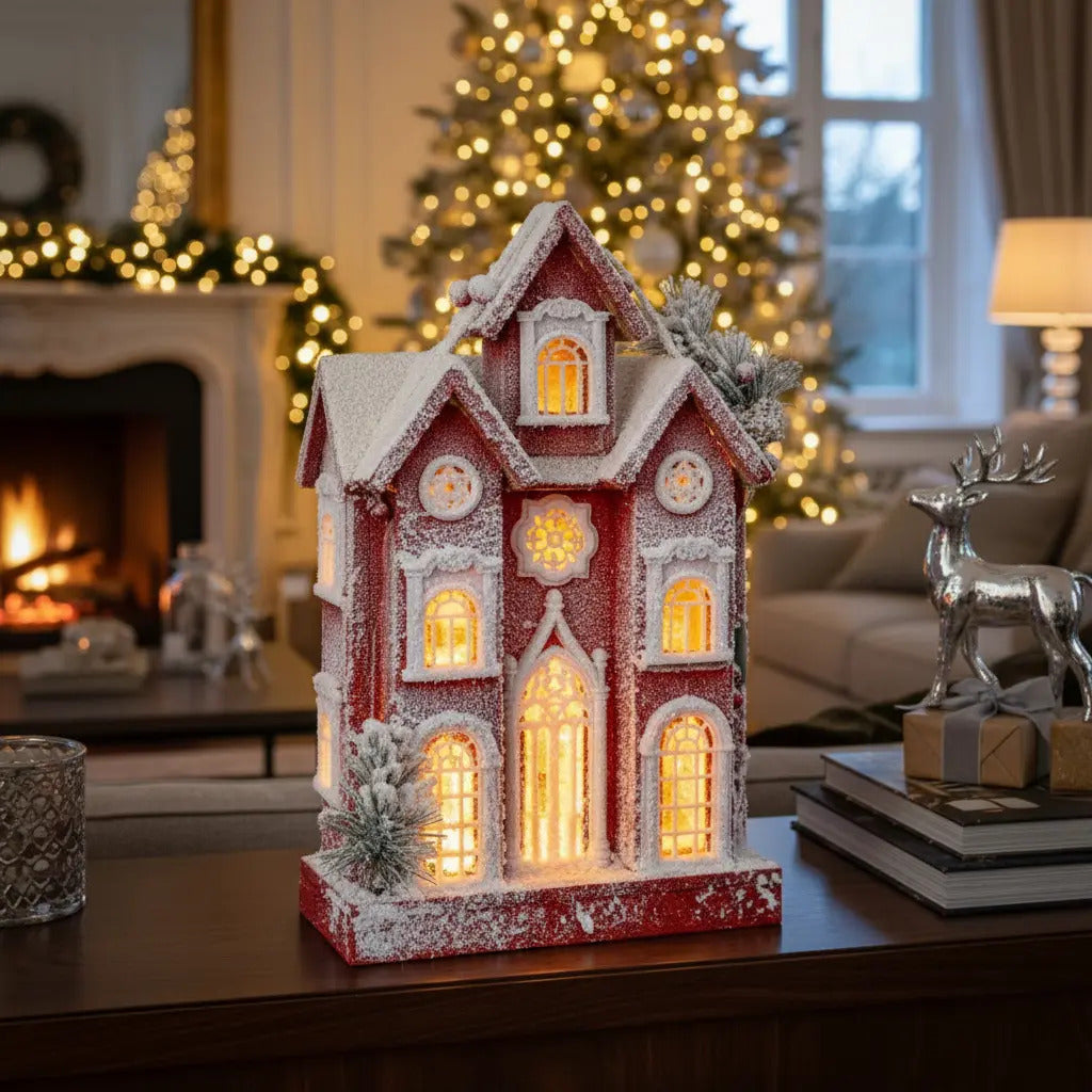 Casa Navideña Decorativa Con Luz Y Nieve 52x14x30 Cm