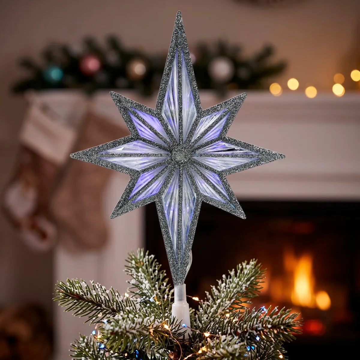 Punta Navideña Lluvia Estrella con Glitter y Luz Fria 30 cm