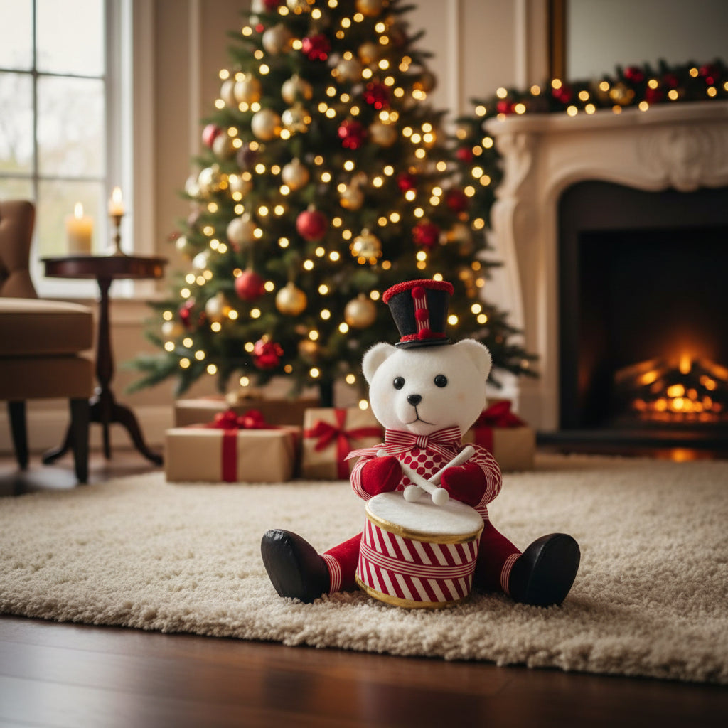 Muñeco Navideño Osito Tamborilero De Terciopelo 32x22x33