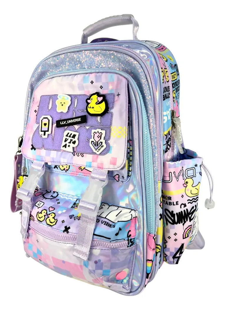 Mochila Escolar Lluvia Lavanda Primaria Con Pines Decorativos Patitos Geométrico