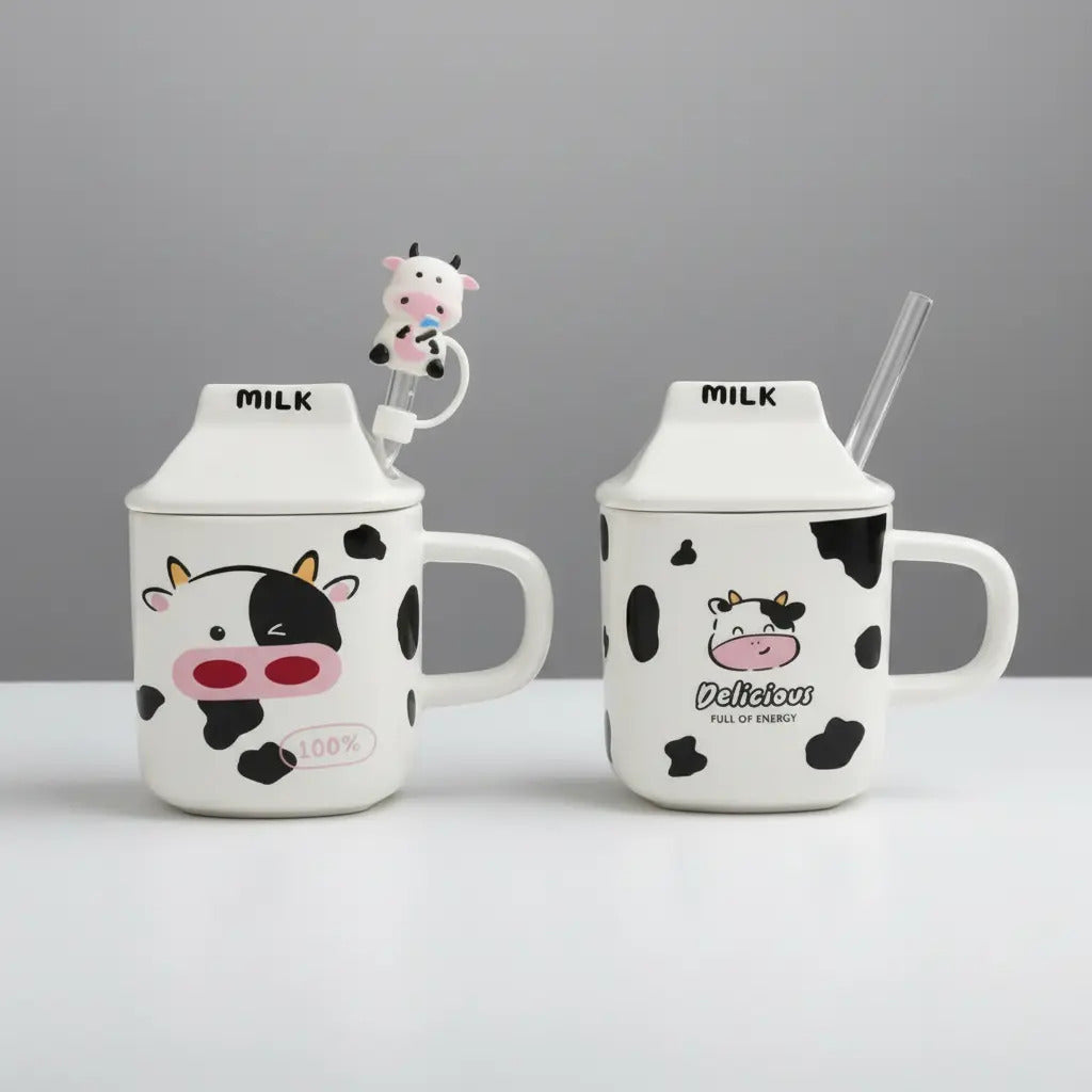 Taza Figura Caja De Leche Con Vaca Con Tapa Y Popote 330ml