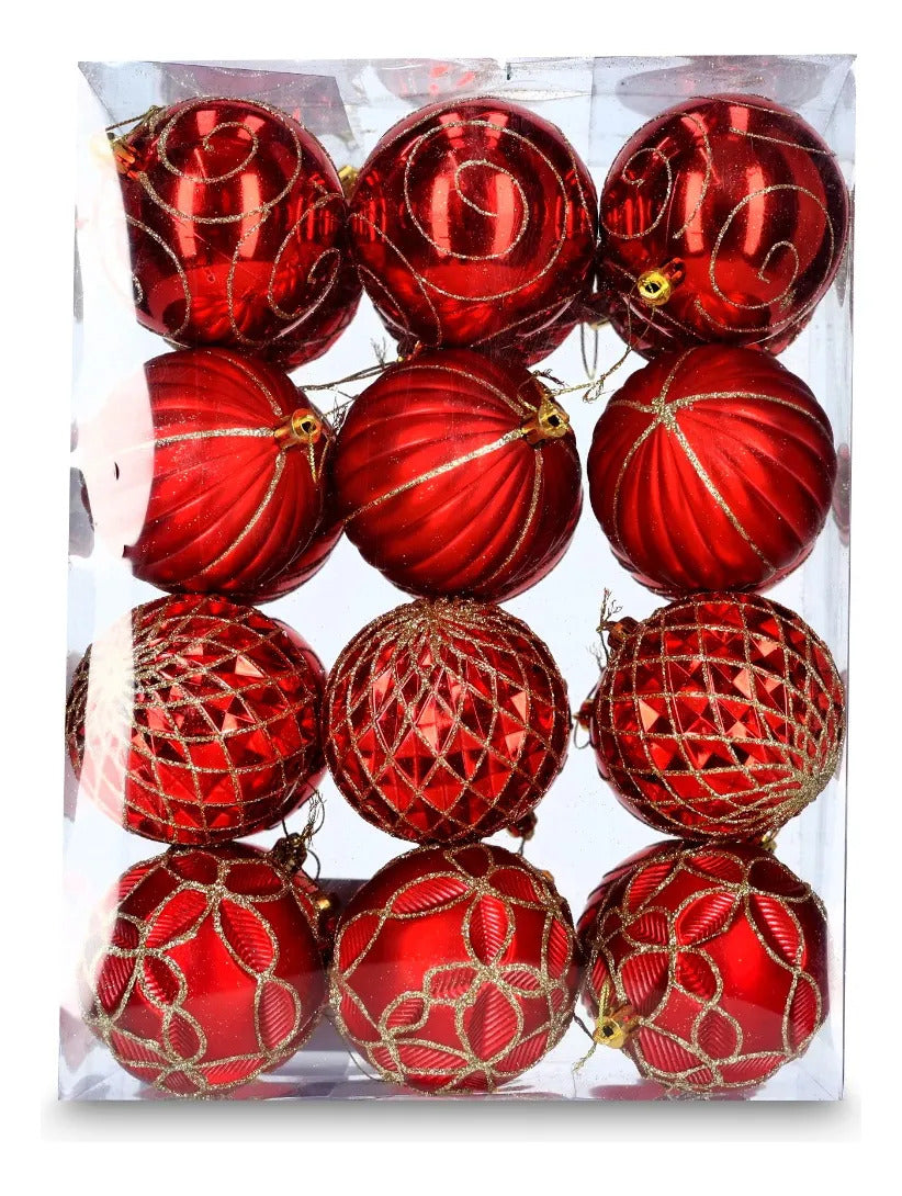 Set Esferas Navideñas lluvia Rojo Rubí Dorado 24 Piezas 8 Cm