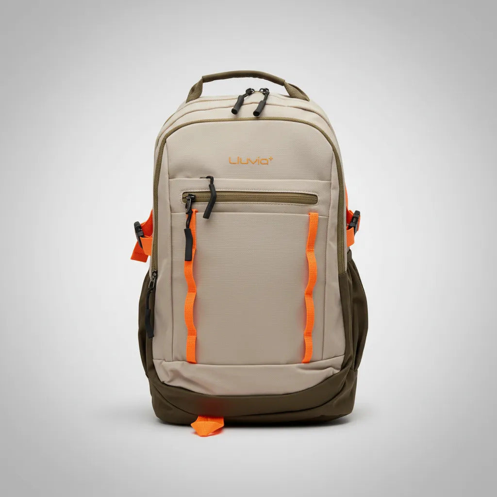Mochila Escolar Lluvia Beige Verde Olivo Y Naranja Neón