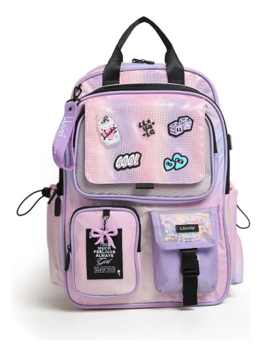 Set De Mochila Lluvia 3 Piezas Con Lonchera Y Lapicera Lila