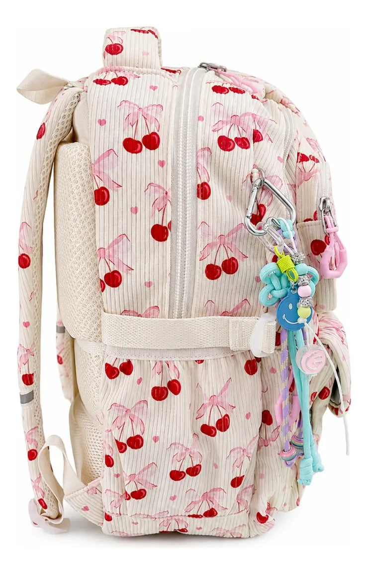 Mochila Juvenil Lluvia Grande Diseño Cherry Con Llavero