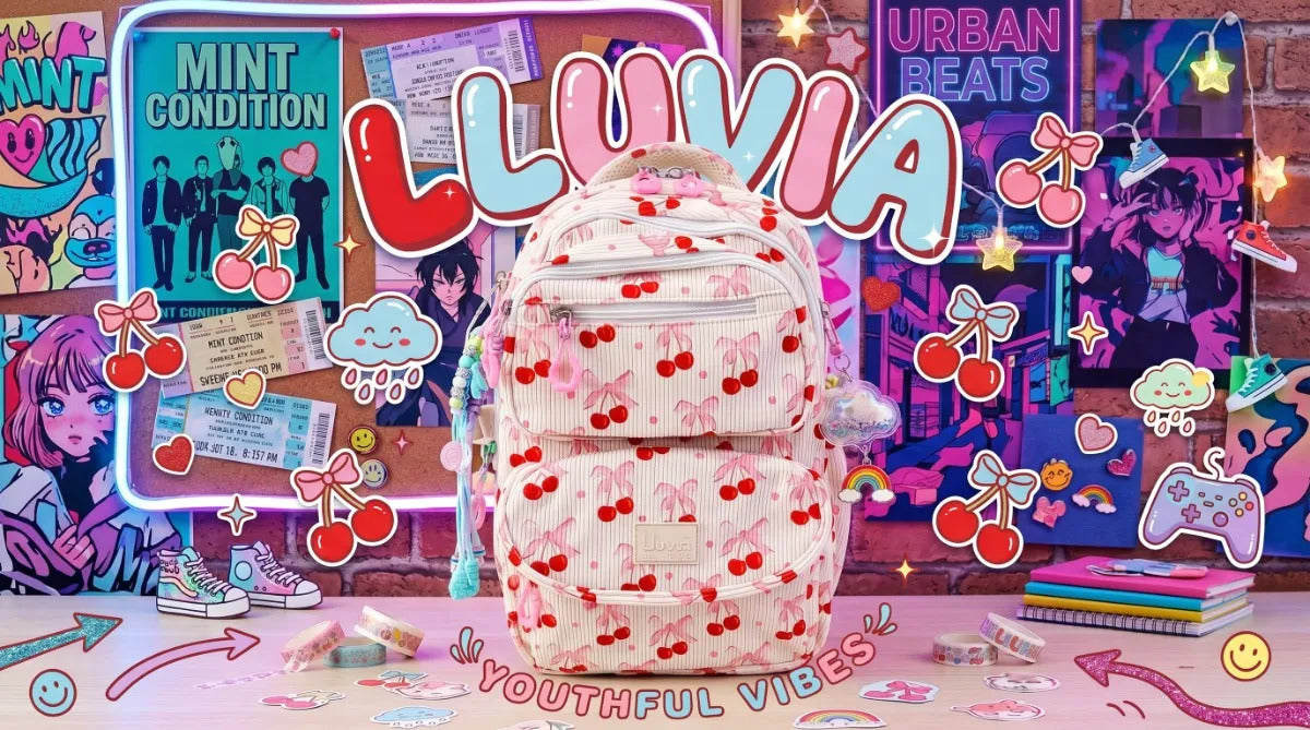 Mochila Juvenil Lluvia Grande Diseño Cherry Con Llavero