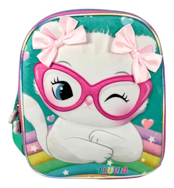 Mochila Primaria Set 3 Piezas Marca Lluvia Gatita Con Lentes