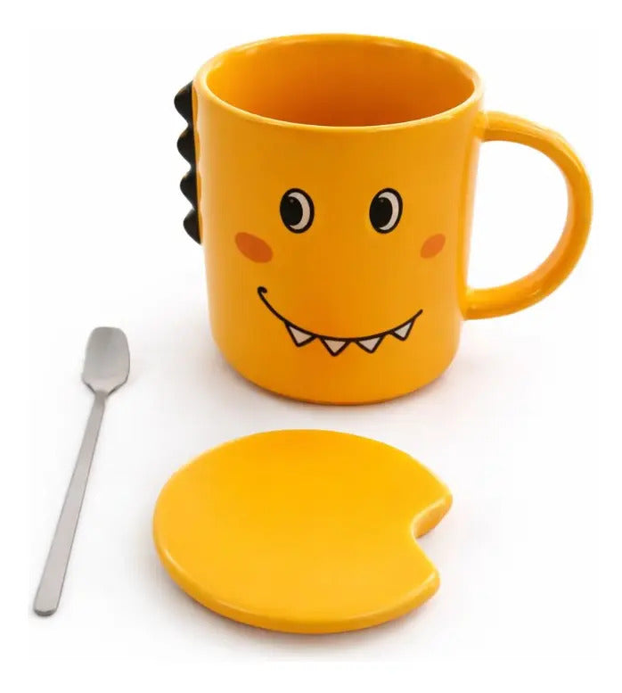 Taza Kawaii Dinosaurio Colores Rosa Verde Y Amarillo 350 Ml