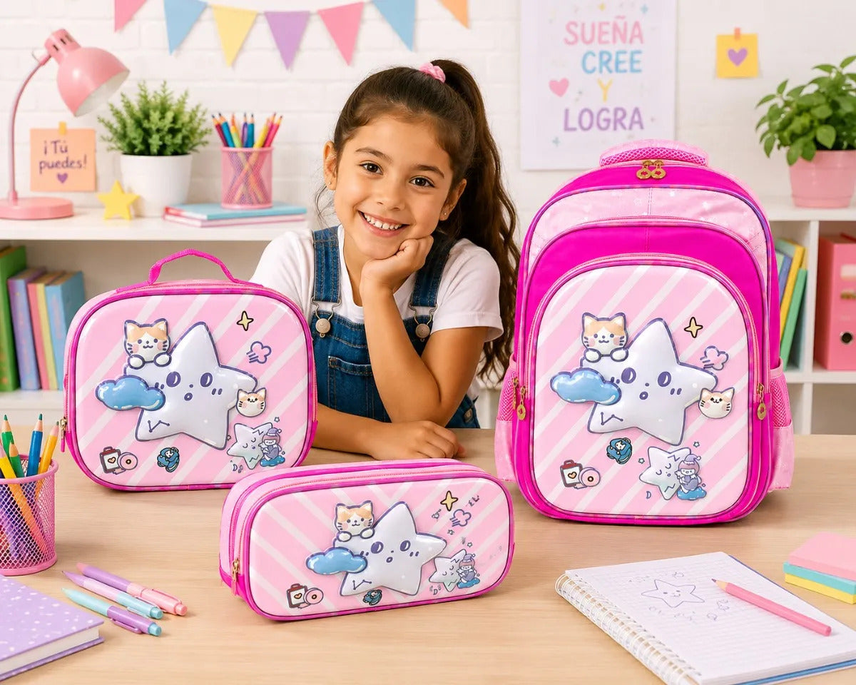 Set Escolar Tres Piezas Mochila Estrella Kawaii Rosa