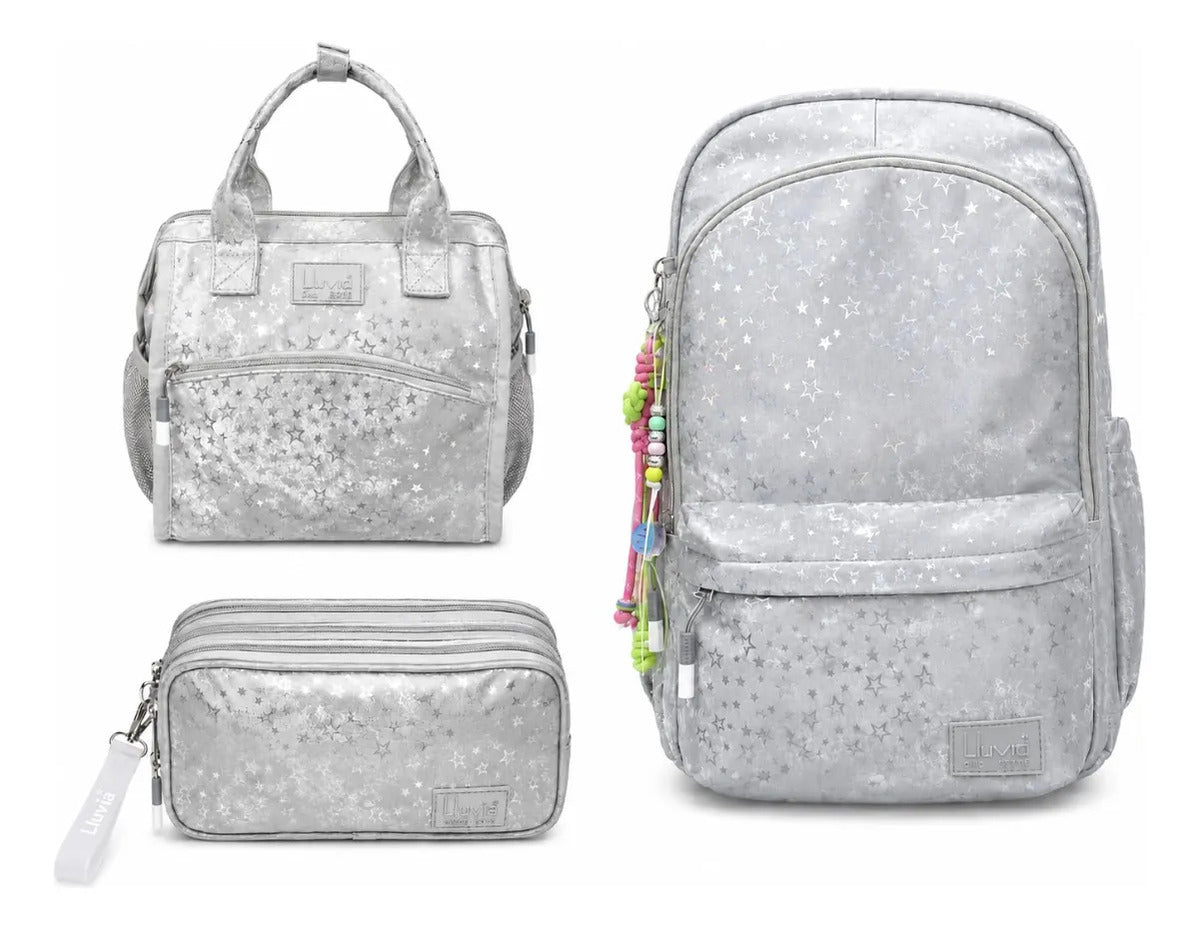 Set Mochila Juvenil Tres Piezas Lluvia Plata Aterciopelada