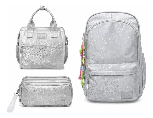 Set Mochila Juvenil Tres Piezas Lluvia Plata Aterciopelada