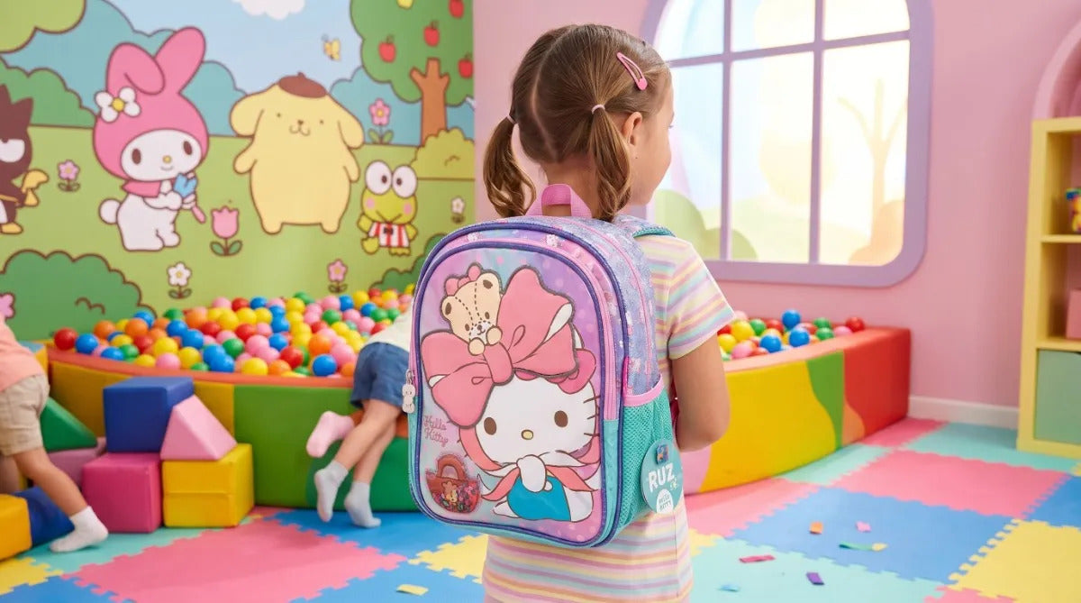 Mochila Kinder Ruz Hello Kitty Con Moño Grande Rosa Y Oso