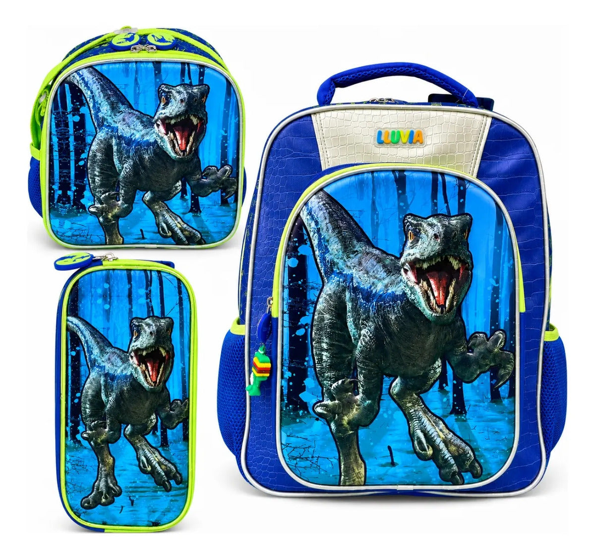 Set Tres Piezas Lluvia Dinosaurio T-rex Azul Verde Limón