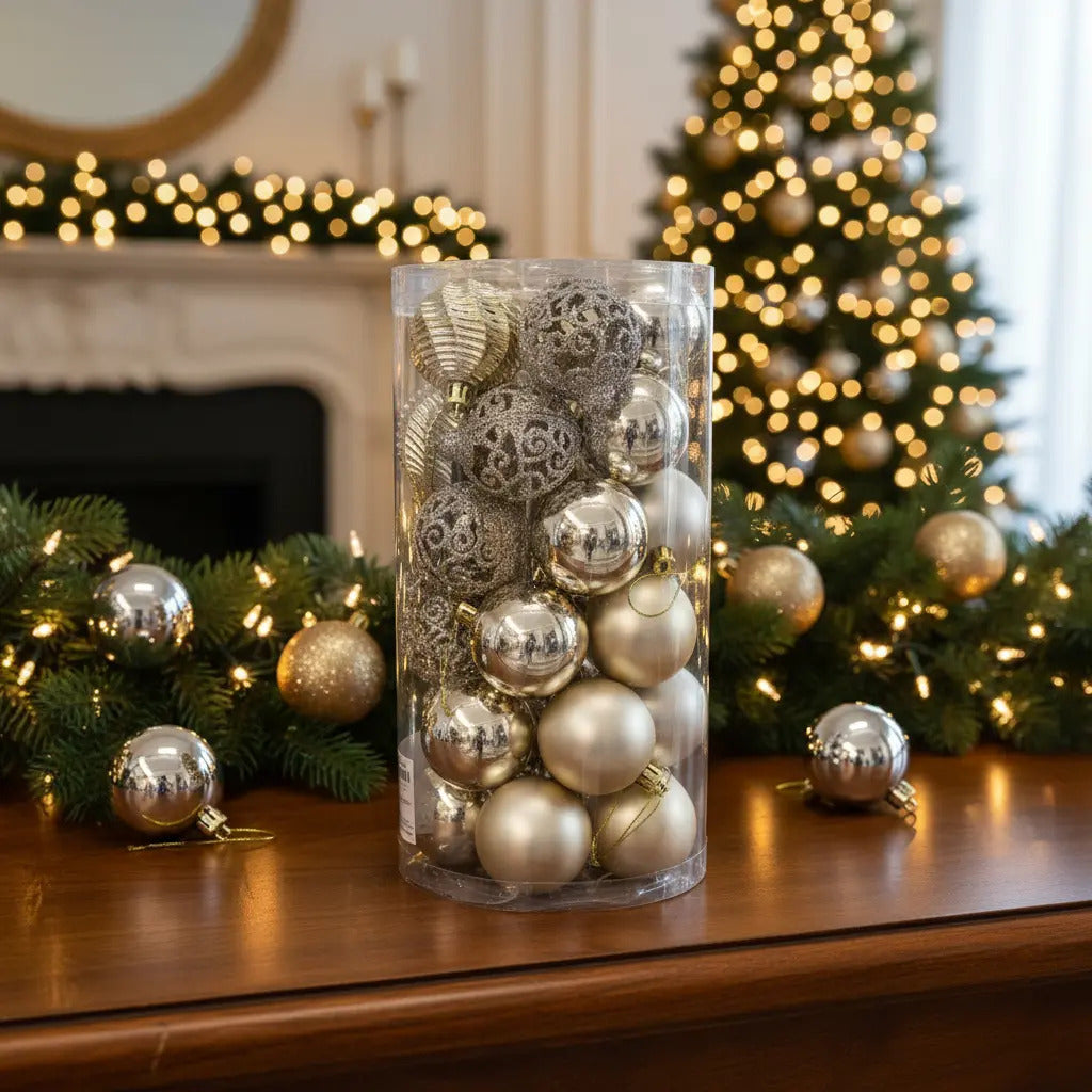 Esferas Navideñas 30 Piezas 8 Cm Marca Lluvia Champagne
