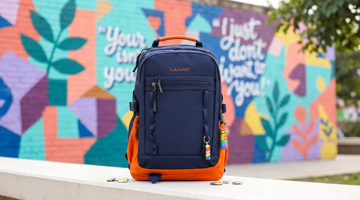 Mochila Juvenil Lluvia Azul Marino Y Naranja Moderna