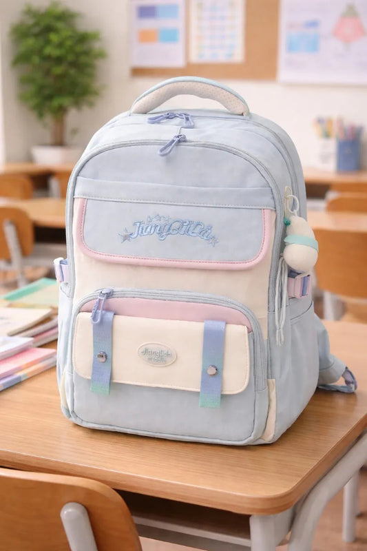 Mochila Juvenil Lluvia Azul Pastel Con Detalles Rosa Y Amarillo