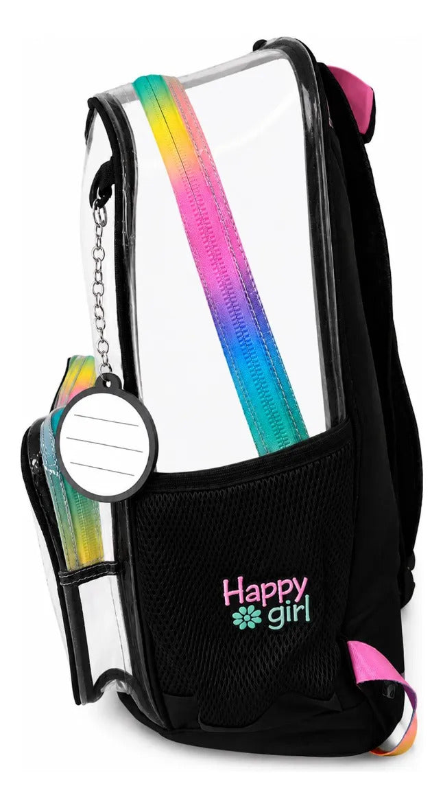 Mochila Escolar Chenson Happy Girl Negra Frente Transparente
