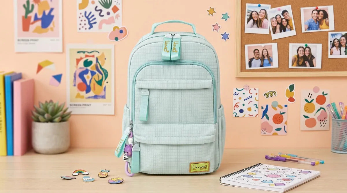Mochila Juvenil Lluvia Diseño Cuadriculado Verde Menta
