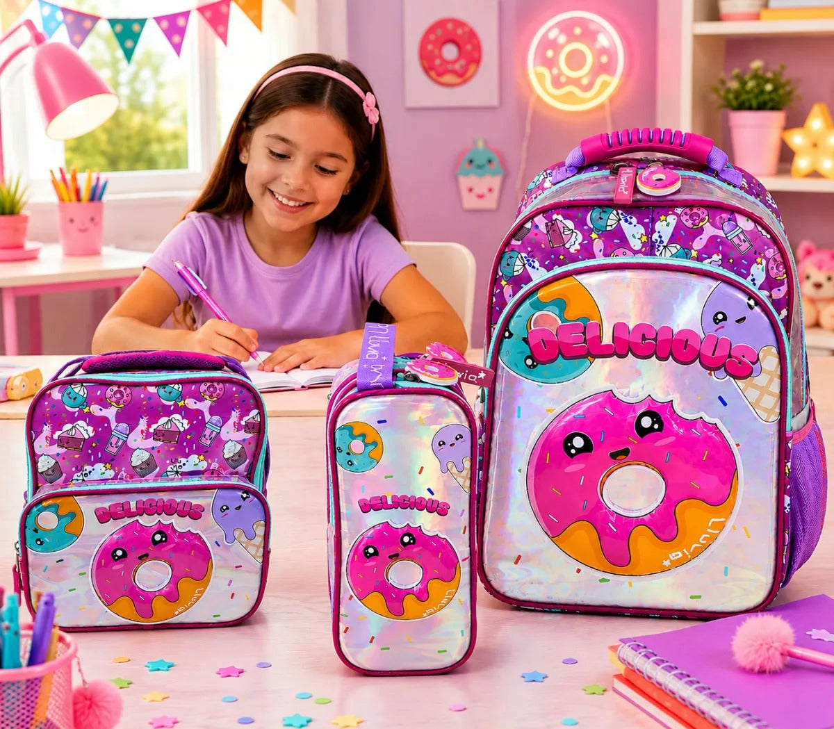 Set Escolar Lluvia Tres Piezas Dona Delicious Holográfica