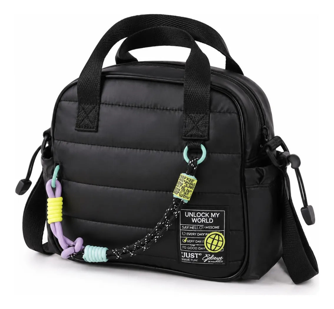 Lonchera Lluvia Negra Diseño Puffy Con Cordón Multicolor