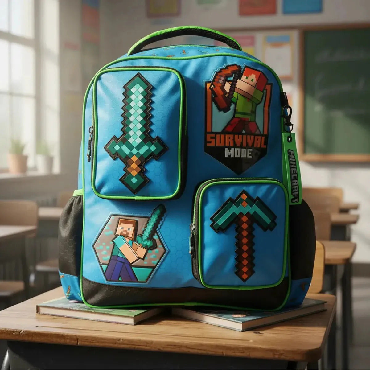 Mochila Primaria Infantil Ruz Microsoft Minecraft Steve 20L Azul Liso Tirantes Acolchados