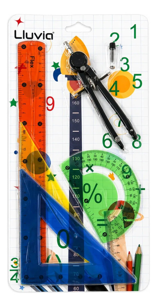 Juego De Geometría Escolar Lluvia Flex 5 Piezas Con Compás