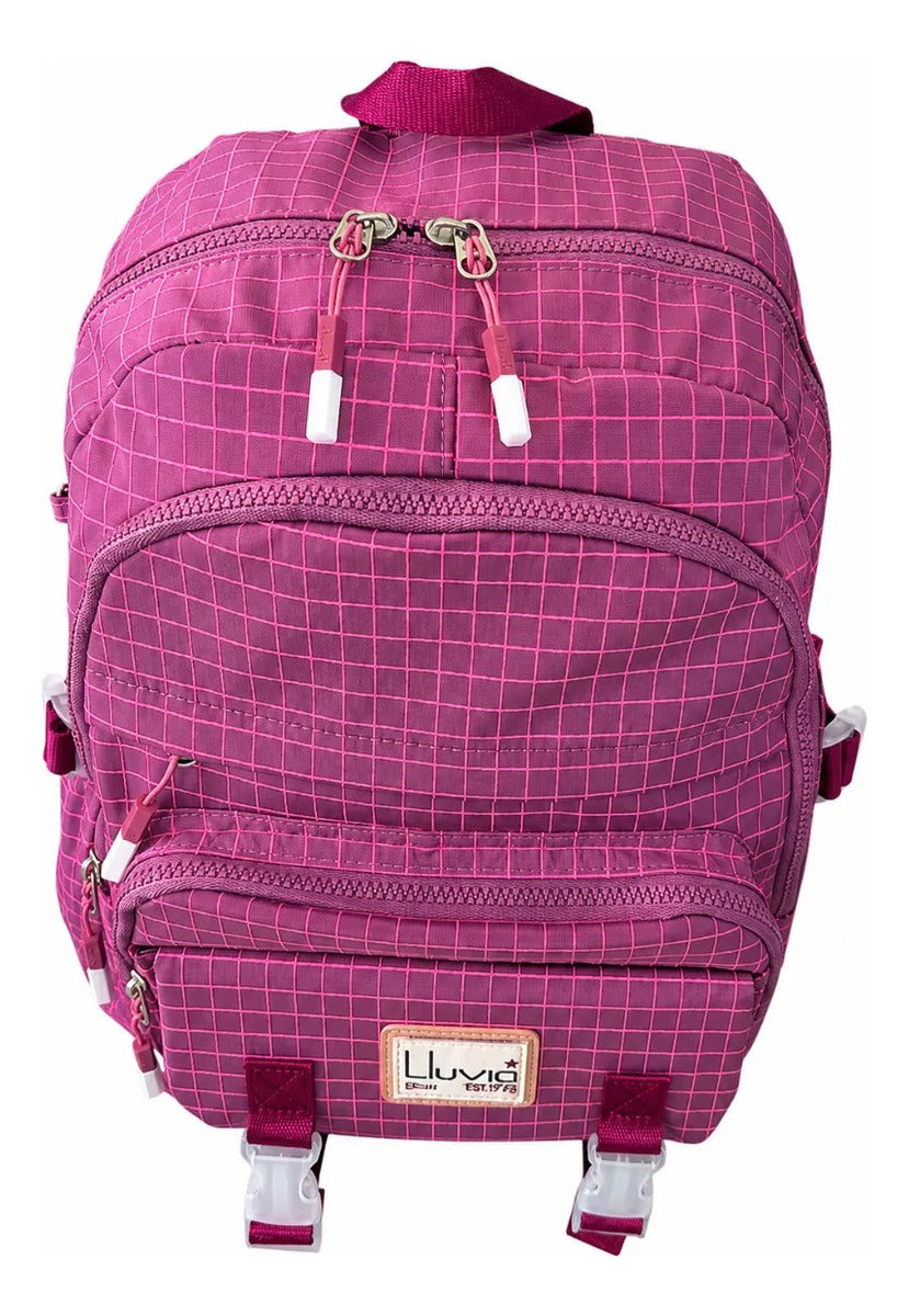 Mochila Escolar Juvenil Lluvia Magenta Diseño Cuadros