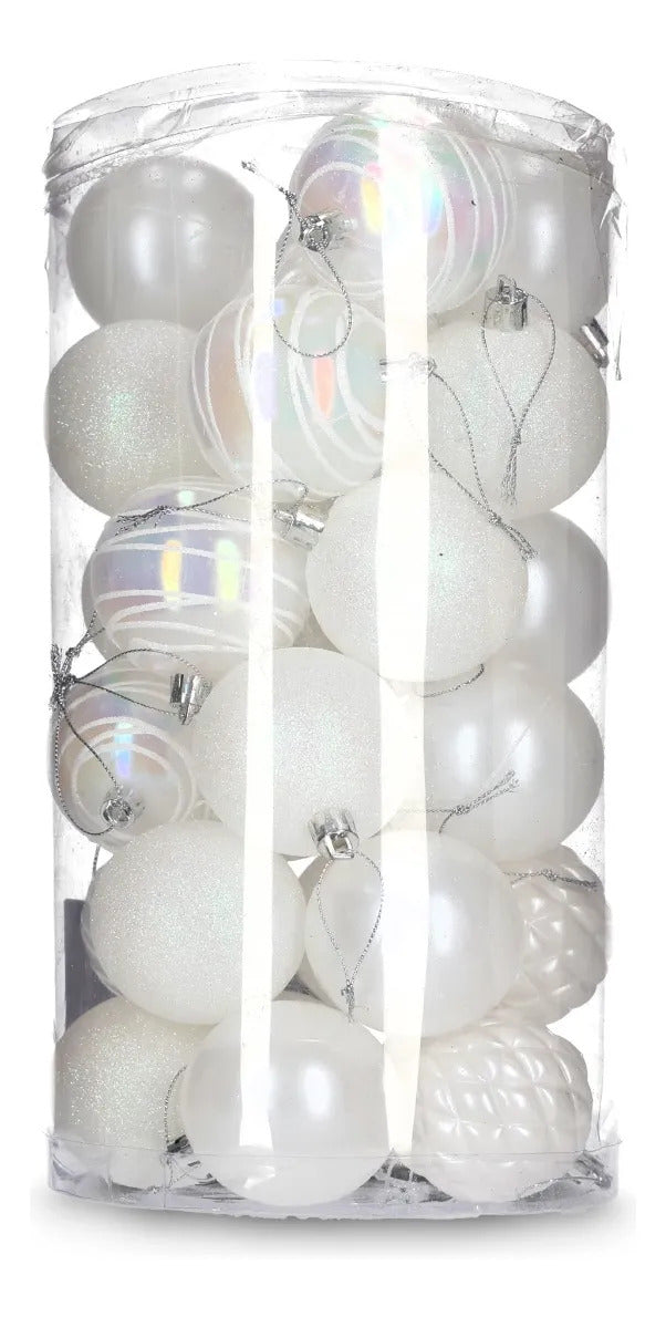 Set Esferas Lluvia Blancas 6 Cm 30 Piezas Diseños Surtidos