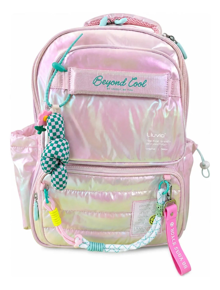 Mochila Escolar Lluvia Rosa Tornasol Con Llavero Incluido