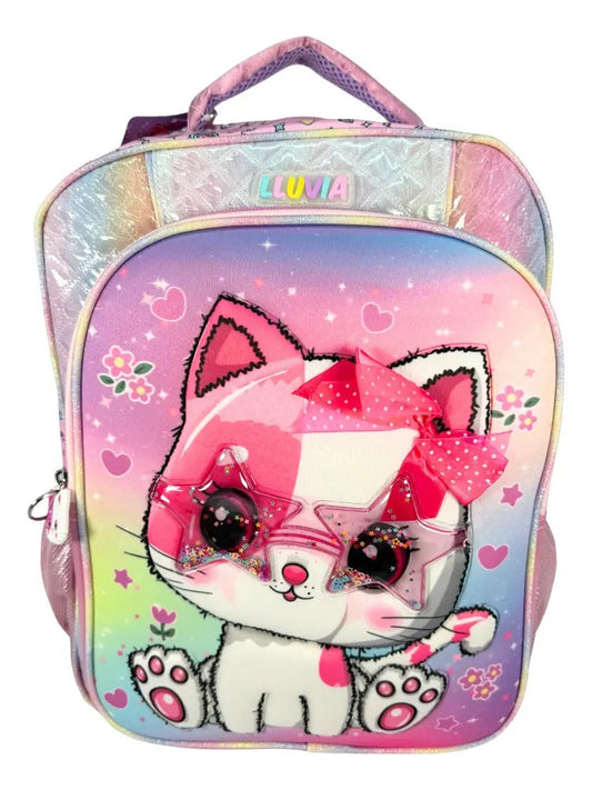 Mochila Primaria Set 3 Piezas Marca Lluvia Gato Con Lentes