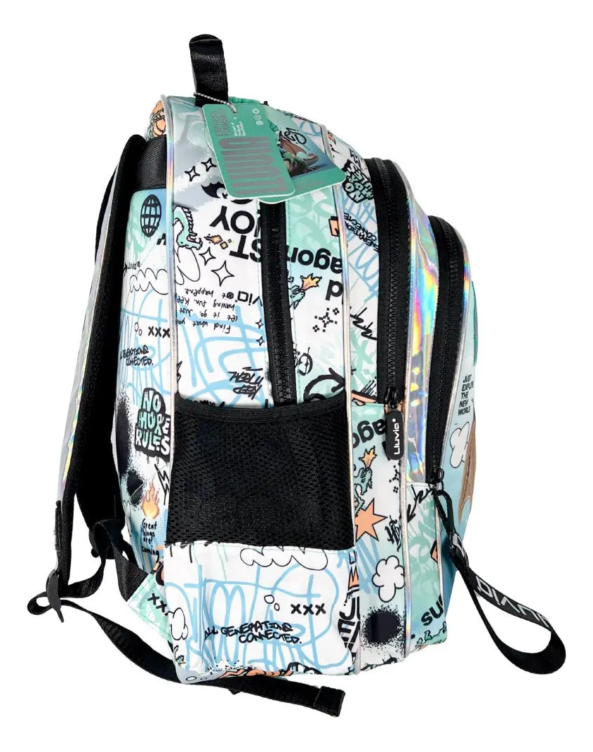 Mochila Escolar Lluvia Dragon 20l Color Agua Con Bolsillos Laterales Estampado