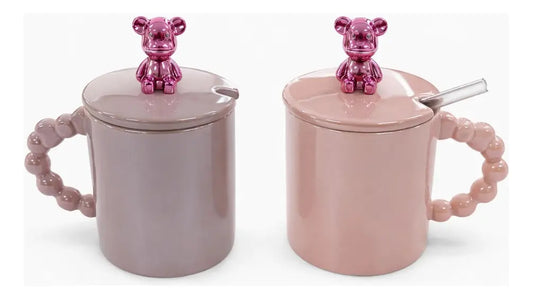 Taza Porcelana Con Oso Metalico Y Tapa 420 Ml
