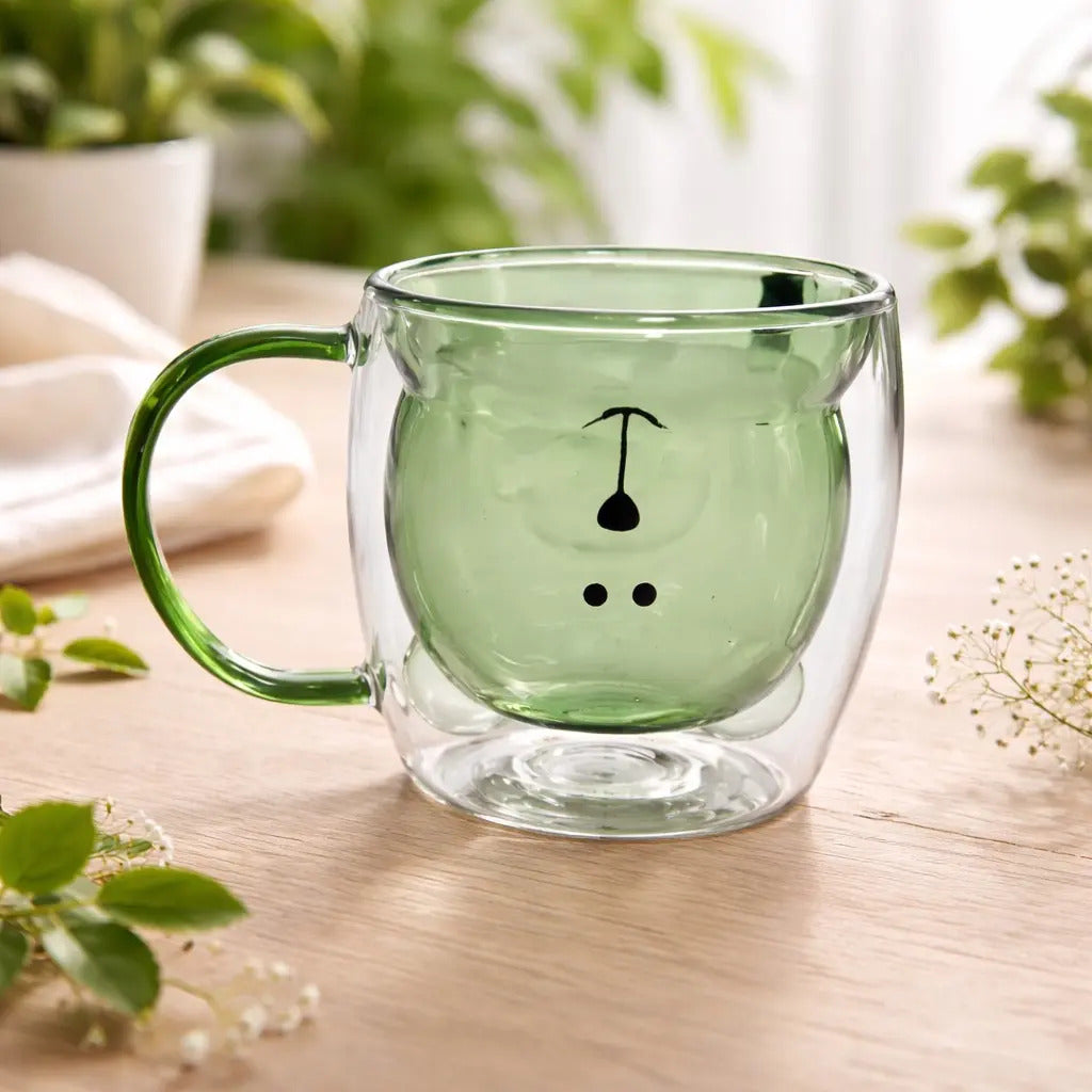 Taza De Vidrio Con Diseño De Osito Verde Doble Pared 280 Ml