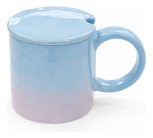 Taza Tornasol De Cerámica Con Tapa Y Cuchara Metalica 380 Ml