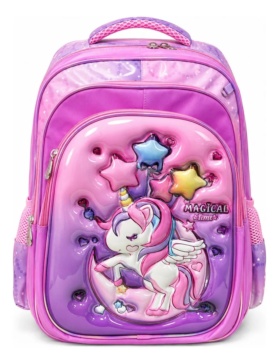 Set Escolar Unicornio Mágico Rosa Lila Mochila Tres Piezas