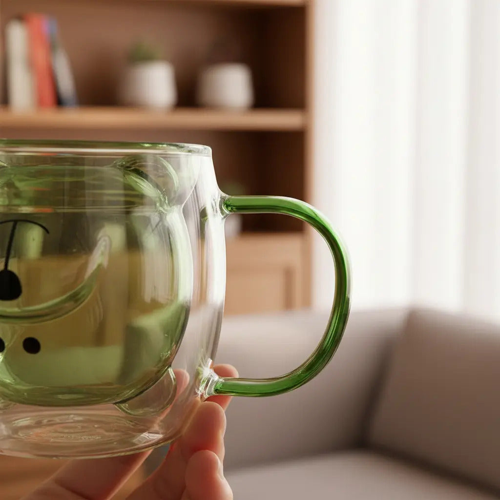 Taza De Vidrio Con Diseño De Osito Verde Doble Pared 280 Ml