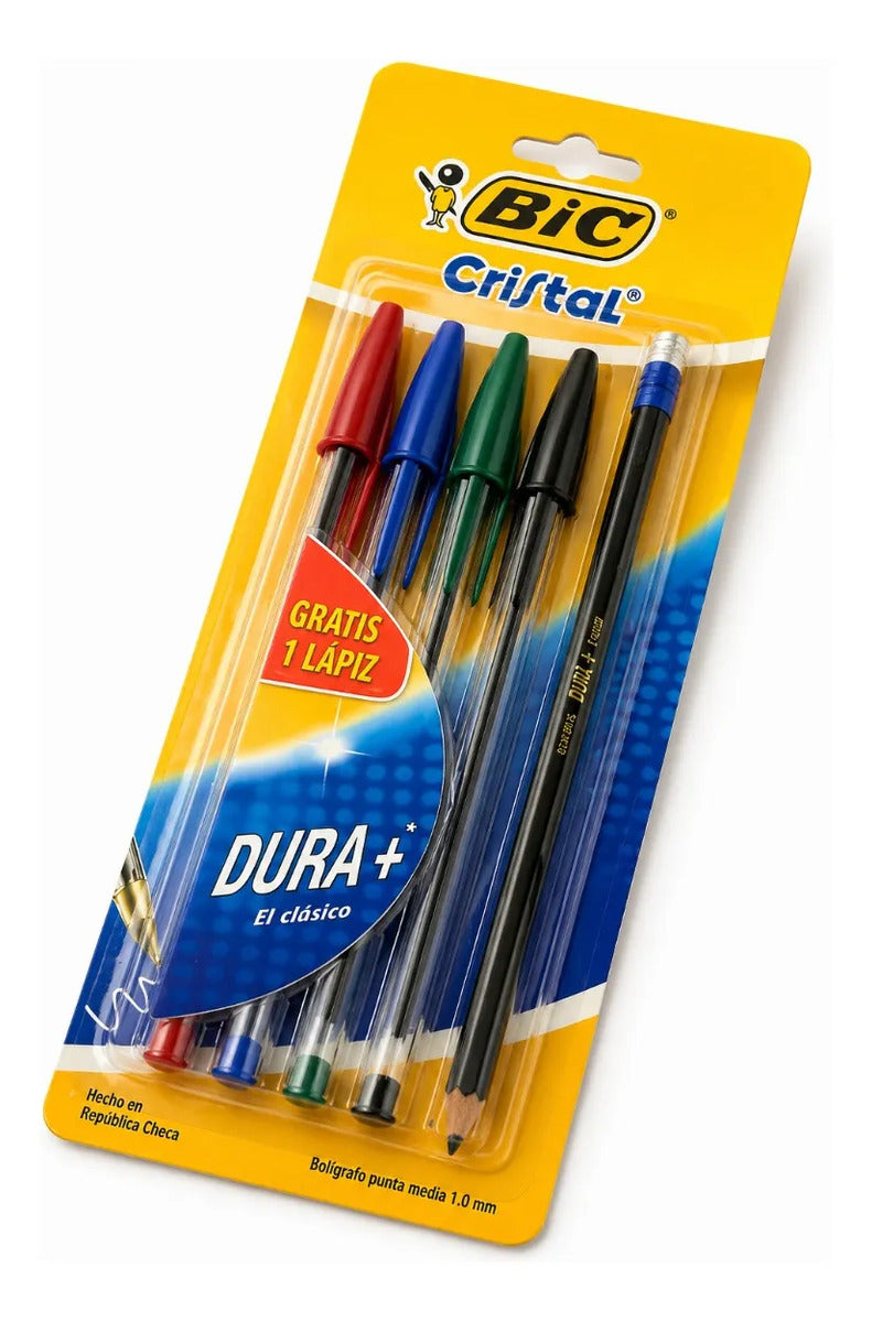 Plumas Bic Cristal Dura Mas Colores Básicos Con Lápiz Hb