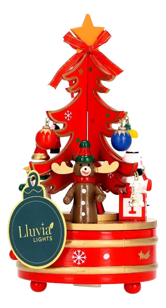 Carrusel Navideño Musical De Madera Rojo Con Árbol 22 cm