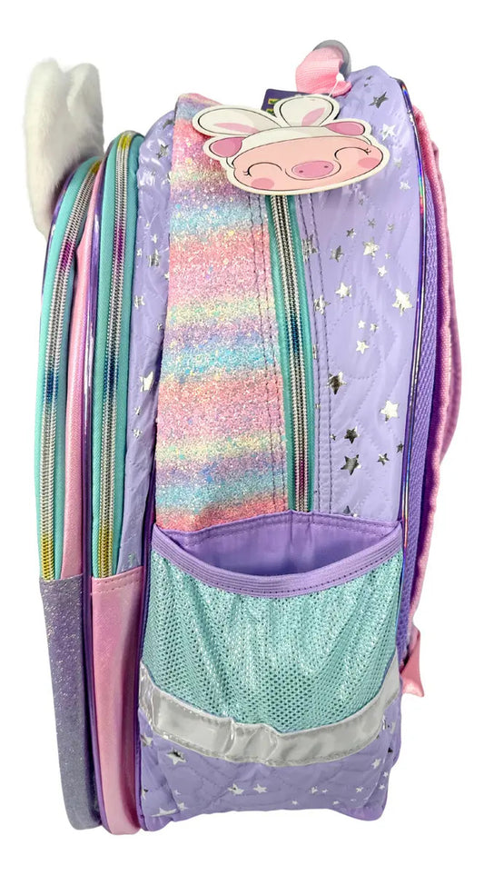 Mochila Primaria Marca Lluvia Cerdita Bailarina Spiner Violeta Estampado