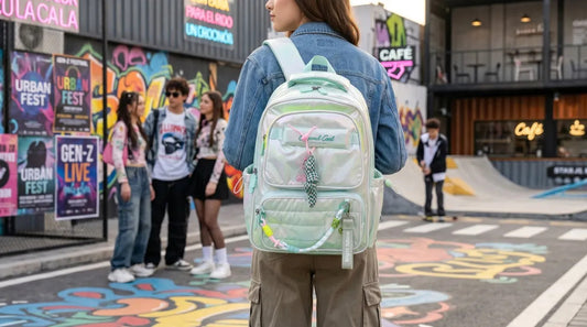 Mochila Escolar Lluvia Menta Tornasol Con Compartimiento Antirrobo